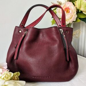 Burberry Maidstone Tote Leather with House Check Canvas - Small - Burgundy Red